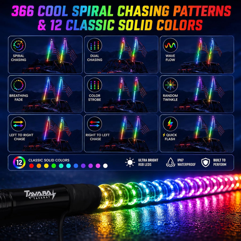 Tavaray 2FT LED Whip Lights 2-Pack with Spring Base, App & Remote Control Spiral Chasing Lighted Whips, Waterproof Off-Road Flag Lights for UTV ATV SXS