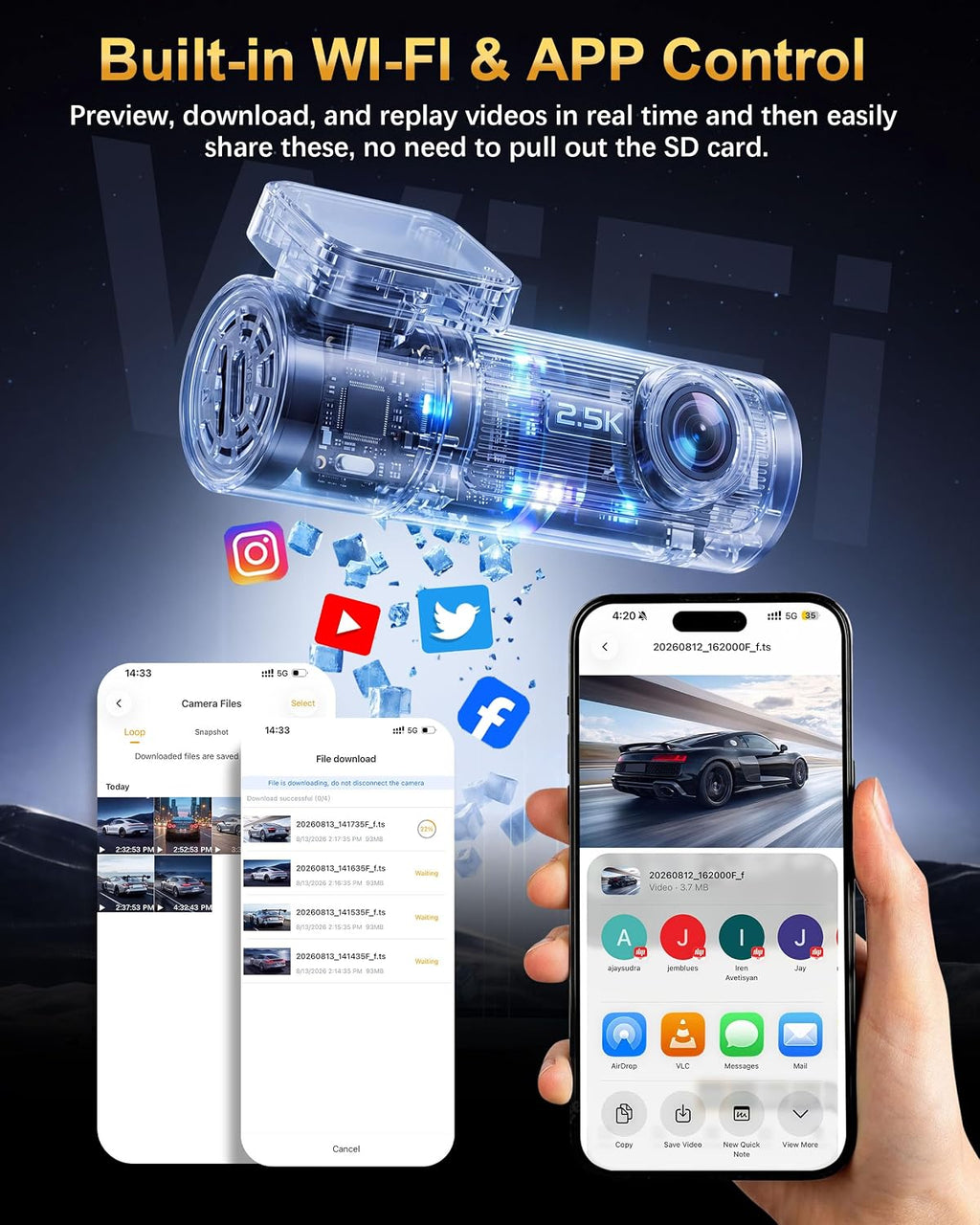 2.5k dash cam front, 64gb card included, mini, close-up detail