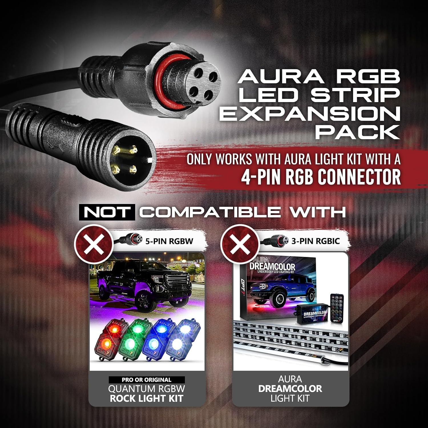 OPT7 Aura Single Row Expansion Pack - 2pc 24” RGB Multicolor LED Strips w/Splitters and Extension Wires for Interior, Wheel, Grille, Engine Bay, Golf Cart, Boat, Car, Truck, Van, SUV Decor Lighting