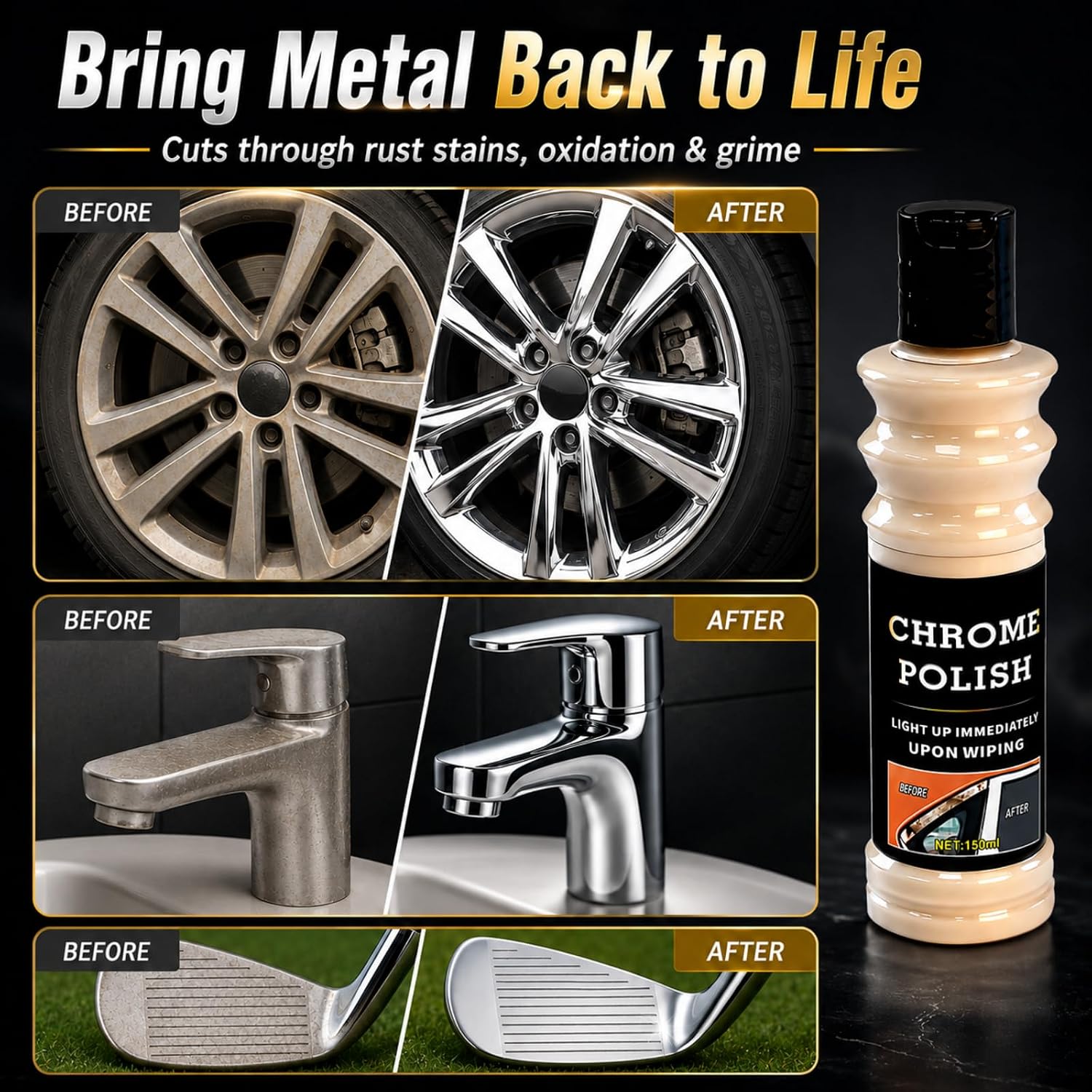 Metal Polish Paste with Brush, Chrome Cleaner and Rust Remover, 5.1 Fl Oz | Helps Remove Rust, Oxidation, Tarnish, Light Scratches, and Grime from Car Wheels, Rims, Golf Clubs, and Home Metal Surfaces