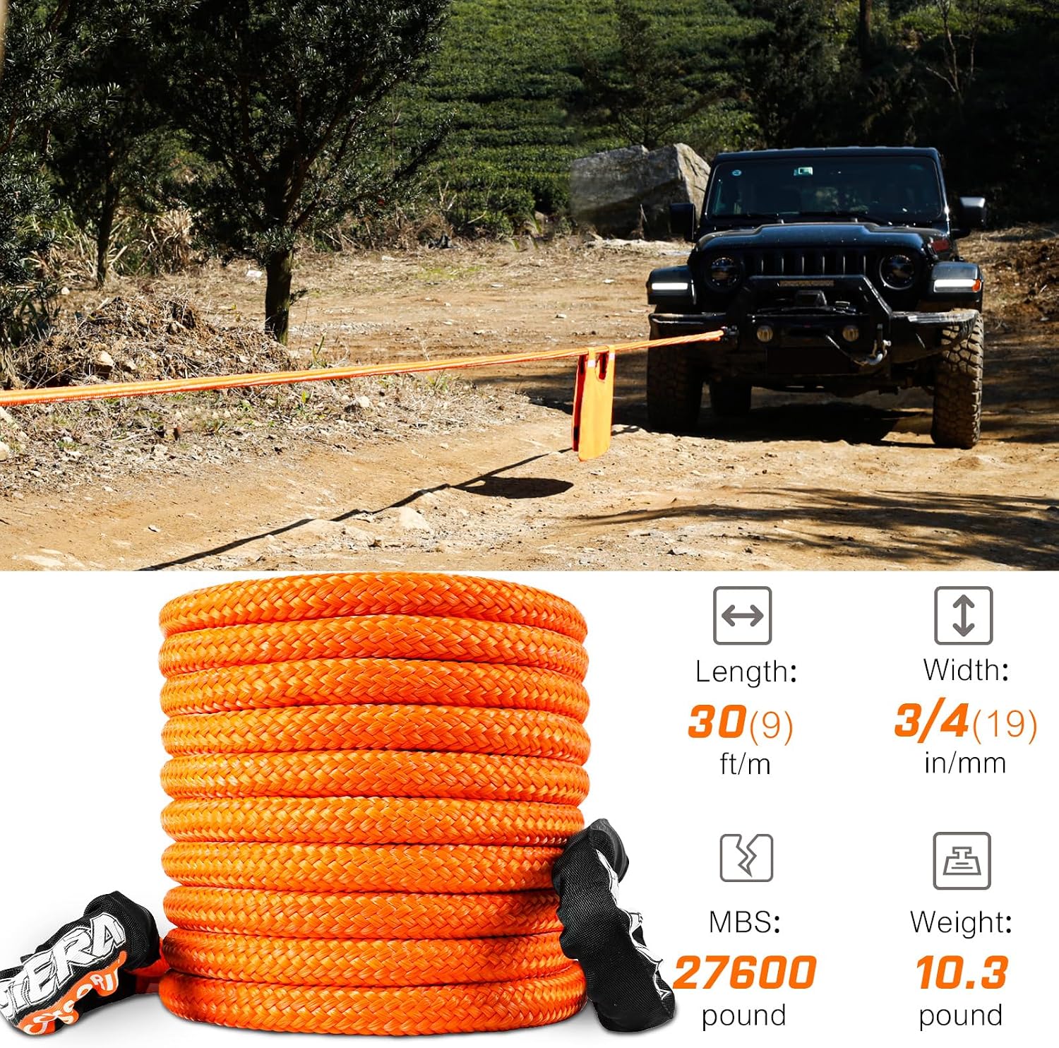 Kinetic Recovery Tow Rope 3/4 in x 30 FT, with Heavy-Duty Offroad Snatch Strap, Vehicle Orange Recovery kit for Jeep car Truck ATV UTV SUV
