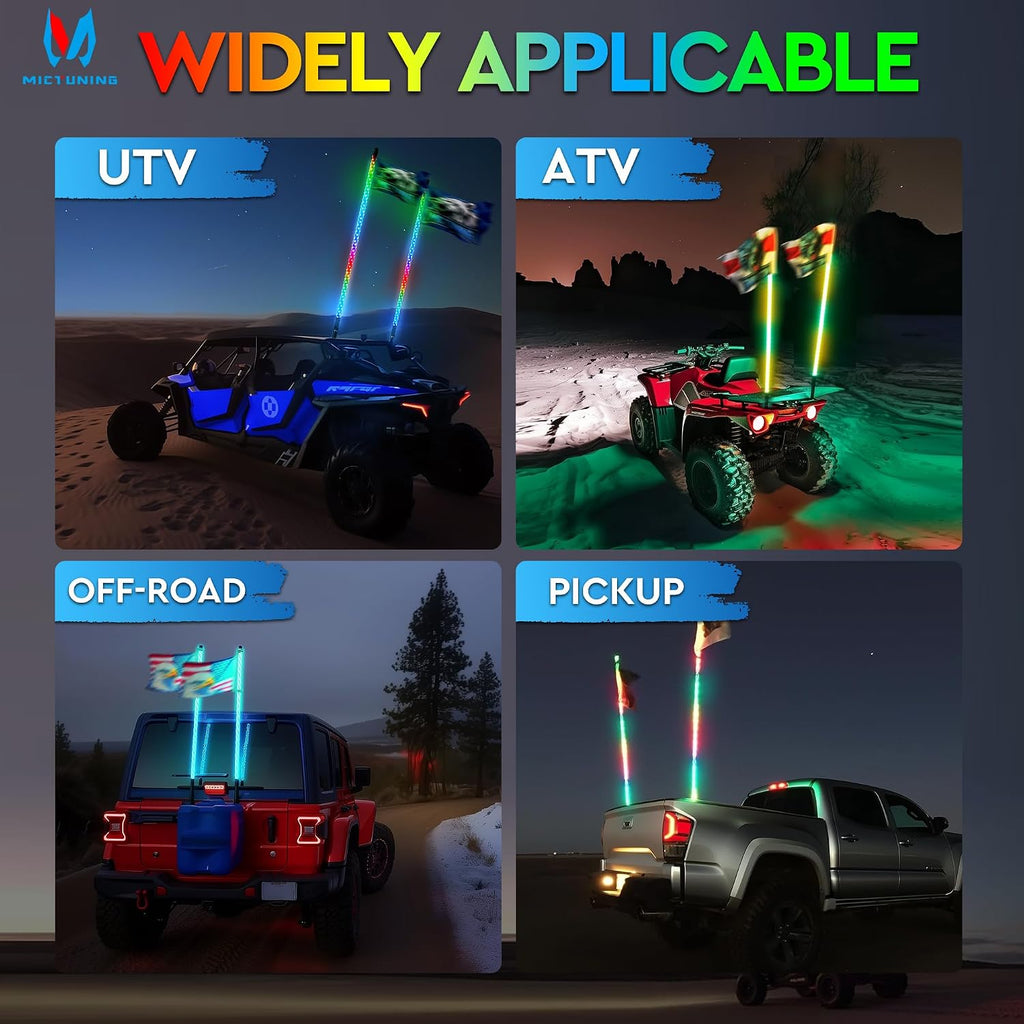 MICTUNING 2pc 4ft Spiral LED Whip Lights with 8 Flags, RF Remote & App Control, RGB Chasing Lighted Whips with Rocker Switch, Music Synced Whip Light for UTV ATV Polaris RZR Can-Am