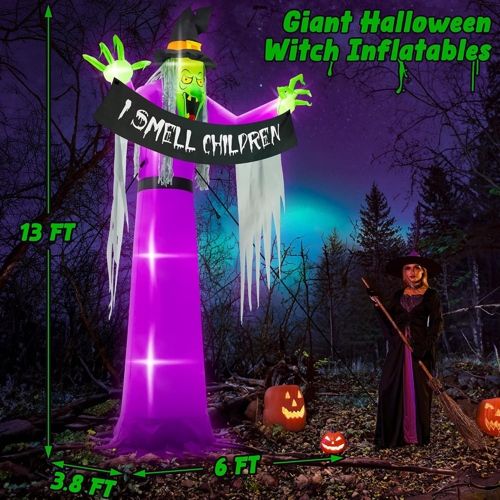 13FT Halloween Outdoor Inflatables, Large Scary Blow Up Witch Yard Decor