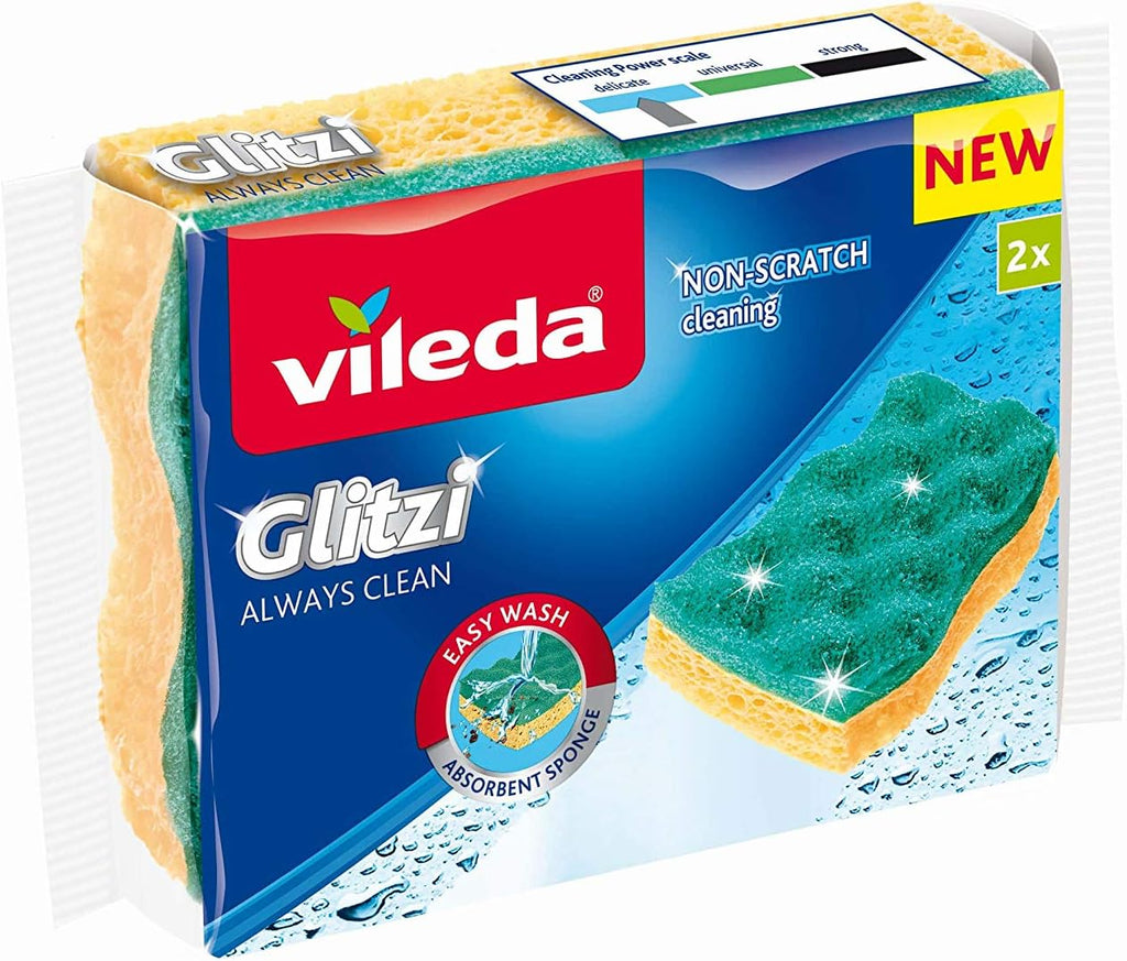 Vileda Glitzi Always Clean 2 Sponges, Yellow/Green