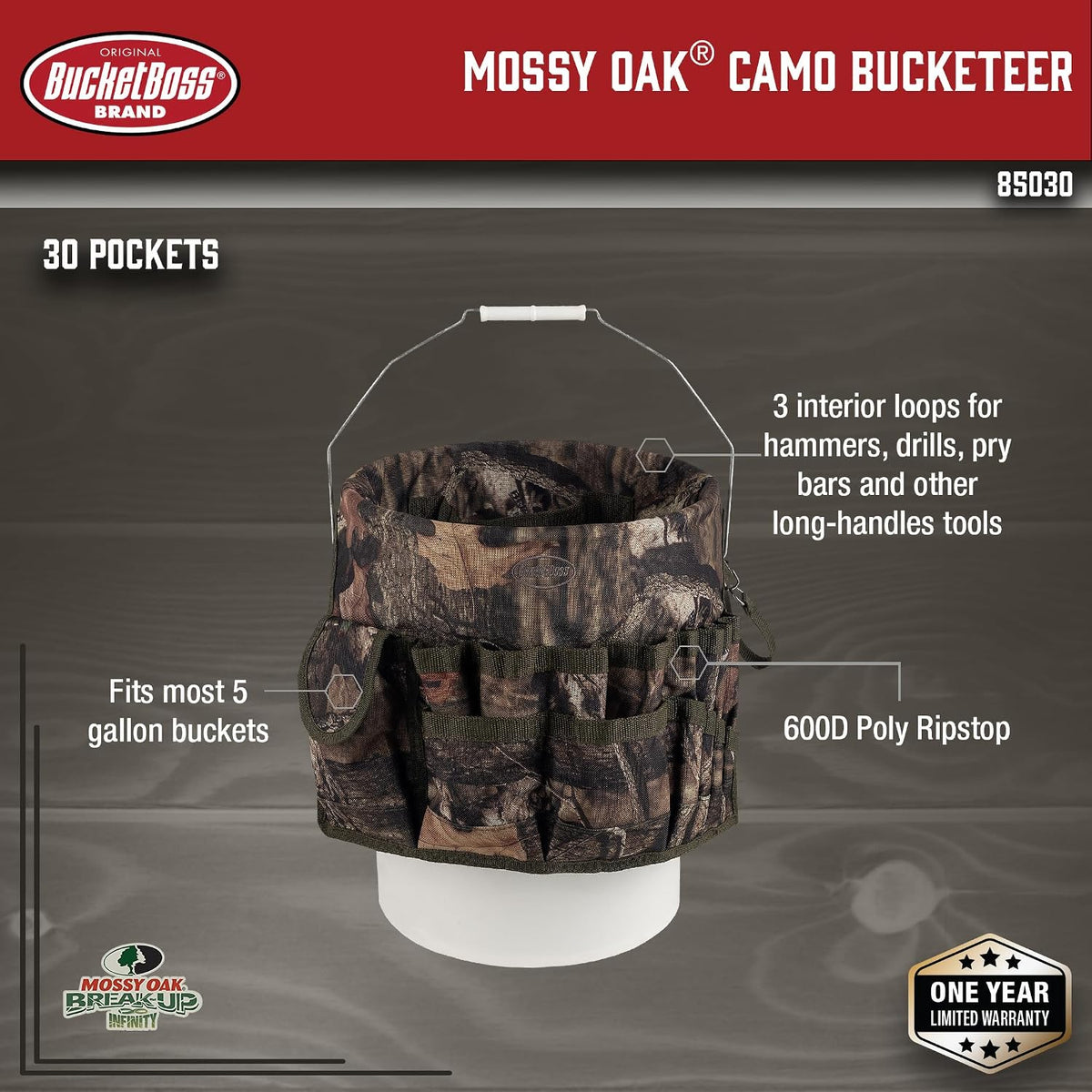 bucket boss - camo bucketeer bucket tool organizer shown in use