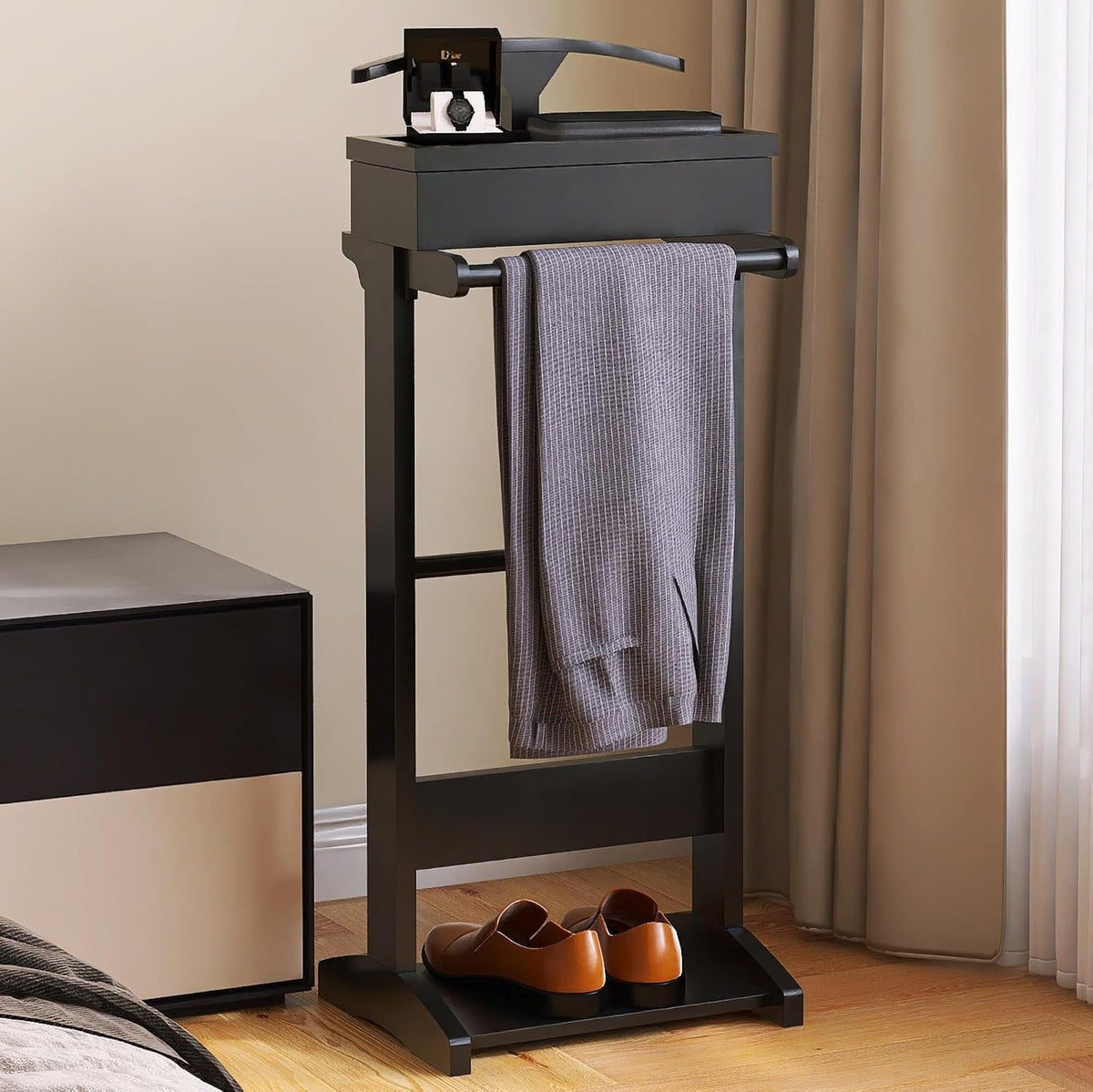 wooden mens valet stand, clothes rack with flip, main product view