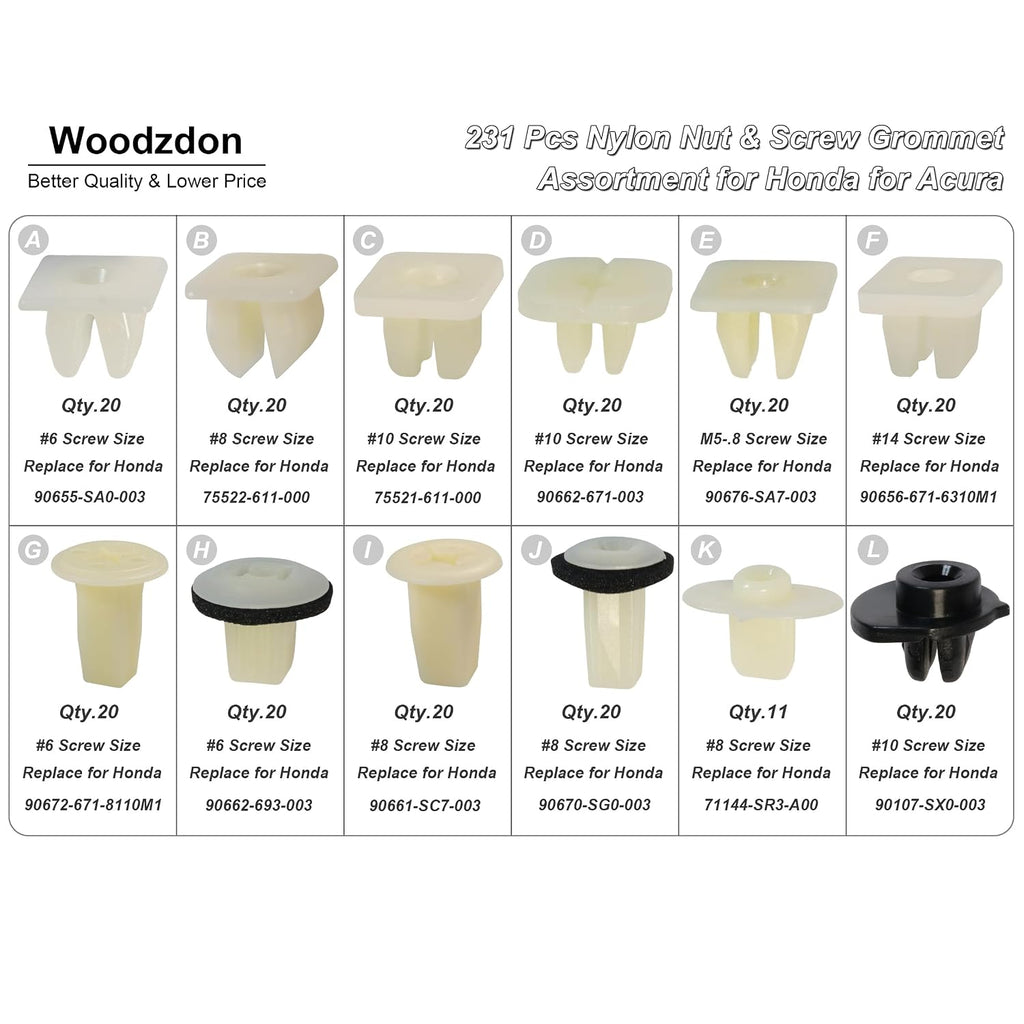 Woodzdon 231pcs Headlight Adjusting Screw Nylon Nut Bumper Grommet #6,#8,#10,#14 Screw Grommet Assortment for Honda for Acura Door Panel Nut Interior Floor Mat & Silence Pad Grommet License Nut