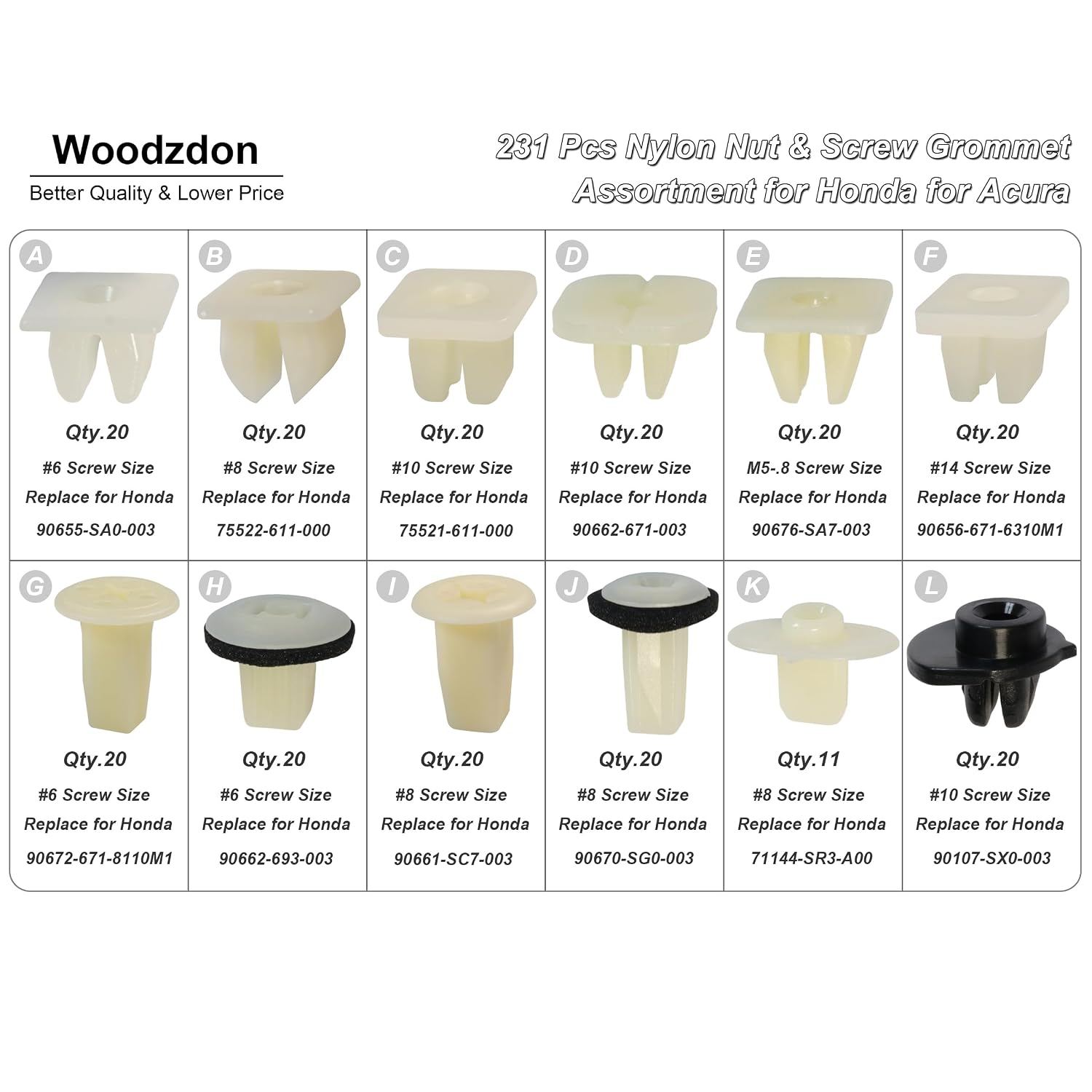 Woodzdon 231pcs Headlight Adjusting Screw Nylon Nut Bumper Grommet #6,#8,#10,#14 Screw Grommet Assortment for Honda for Acura Door Panel Nut Interior Floor Mat & Silence Pad Grommet License Nut