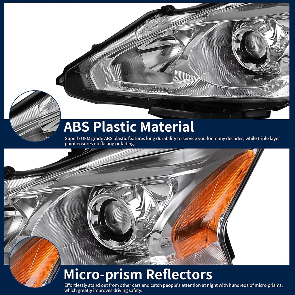 AUTOSAVER88 Headlight Assembly Compatible with 2013 2014 2015 Altima 4-Door Sedan 13 14 15 Altima Base/S/SL/SV Projector Headlamp Direct Replacement Chrome Housing Amber Reflector Left + Right