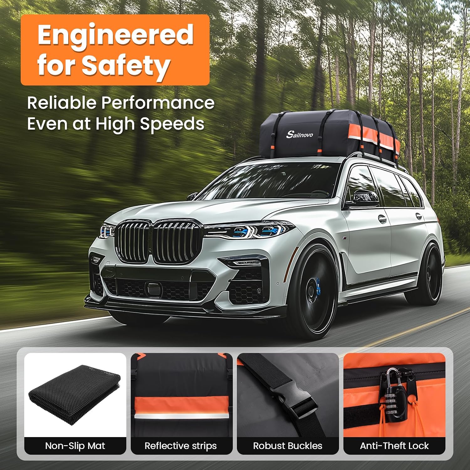 Sailnovo Car Rooftop Cargo Carrier 21 Cubic Feet, Waterproof 1000D PVC Car Roof Bag with Anti-Slip Mat, Combination Lock, Storage Bag, Door Hooks & Tie-Down Strap fit Vehicle with/Without Luggage Rack