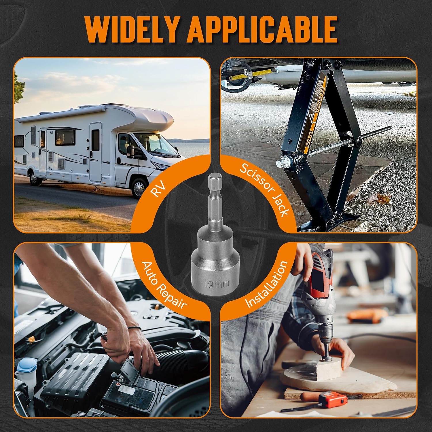 TONDA RV Scissor Jack Socket, Camper Travel Trailer Drill Adapter, Works with 3/4 inch or 19mm Hex Drive Jacks, 1/4 Inch Hex Shank, 2 Pack
