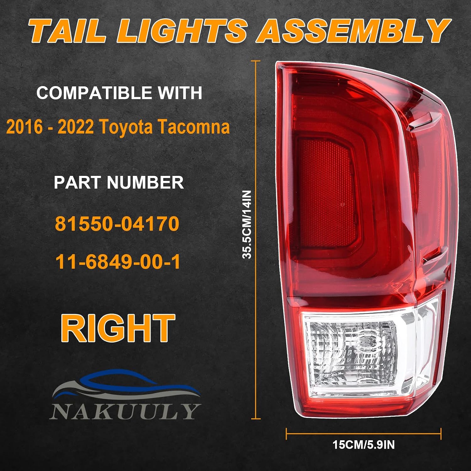 Tail Light Rear Lamp Compatible With 2016-2023 Toyota Tacoma Right Passenger Side Taillight Brake Signal Assembly with Bulb # ‎81550-04170