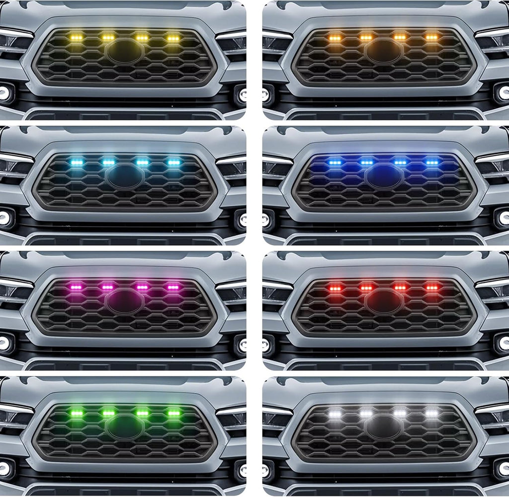 RGB Led Grille Lights for Toyota Tacoma Raptor Grills Light 2020-2023 | 4 in 1,smorked ,Oem Grille rgb lights for TRD Off Road Sport tacoma upgraded front bumper mesh mask cover
