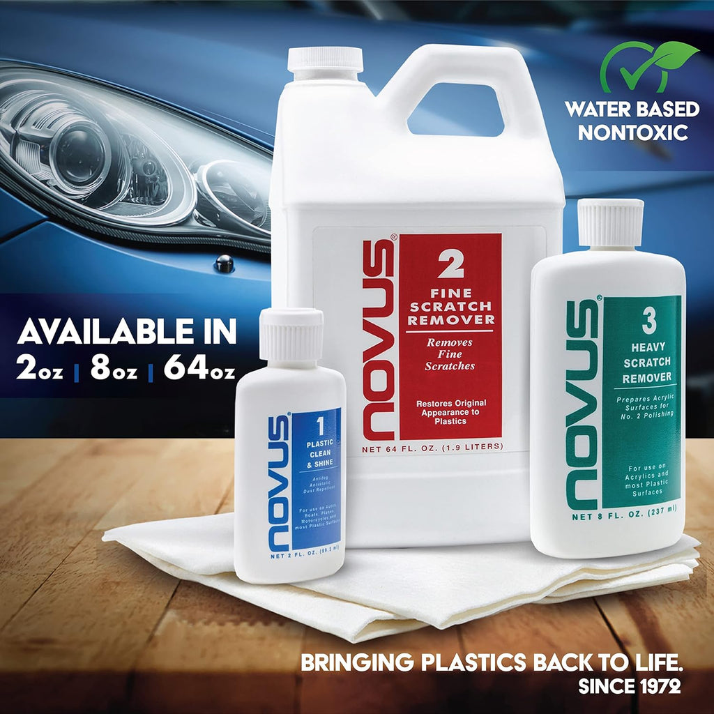 NOVUS-PK1-8 | Plastic Clean & Shine #1, Fine Scratch Remover #2, Heavy Scratch Remover #3 and Polish Mates Pack | 8 Ounce Bottles | Automotive Detailing Supplies & Plastic Restorer for Cars