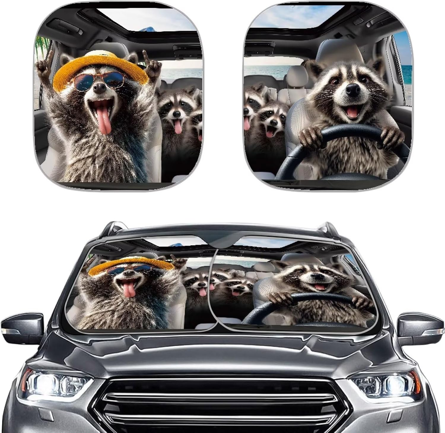 AFPANQZ 3D RaccoonUV Protection Foldable Windshield Washable Sun Shades Universal Fit for Car Auto Sedan Truck SUVs Travel Outdoor Packing 28.5"x25.5"