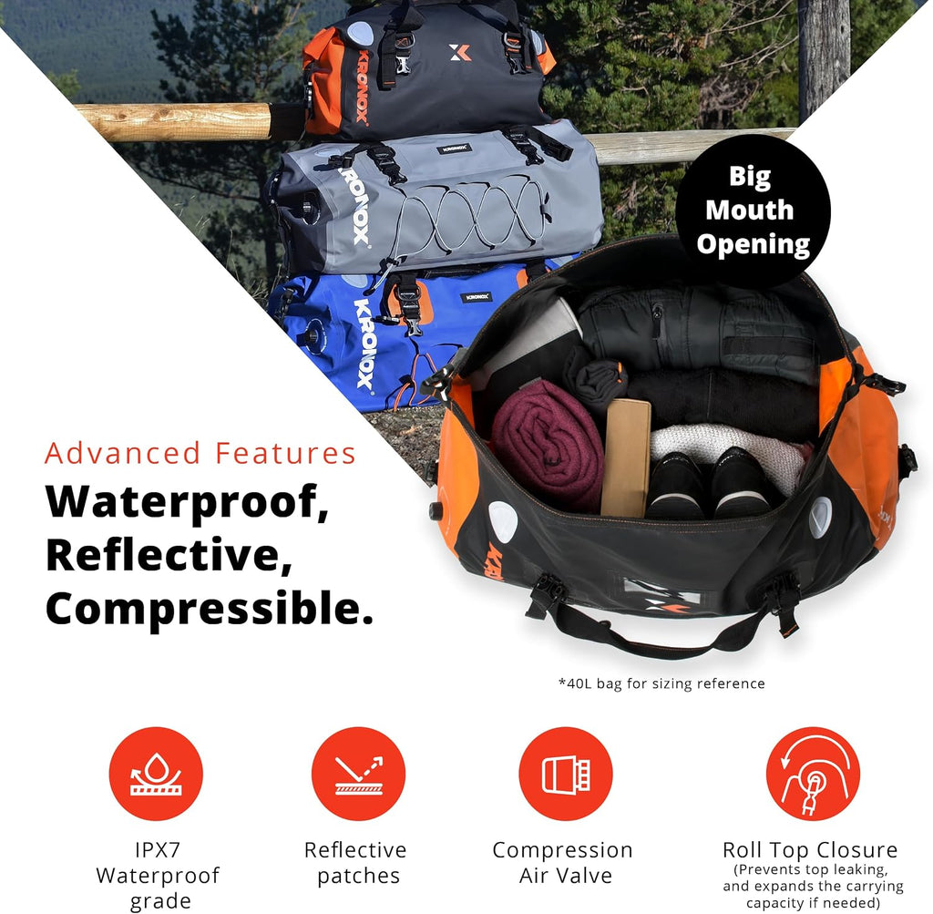 KRONOX Motorcycle Duffel Bag Waterproof, 40L Blue – Durable Motorcycle Luggage & Saddle Bags. Back Seat Dry Bag for Travel, Commute & Dirt Bike Gear