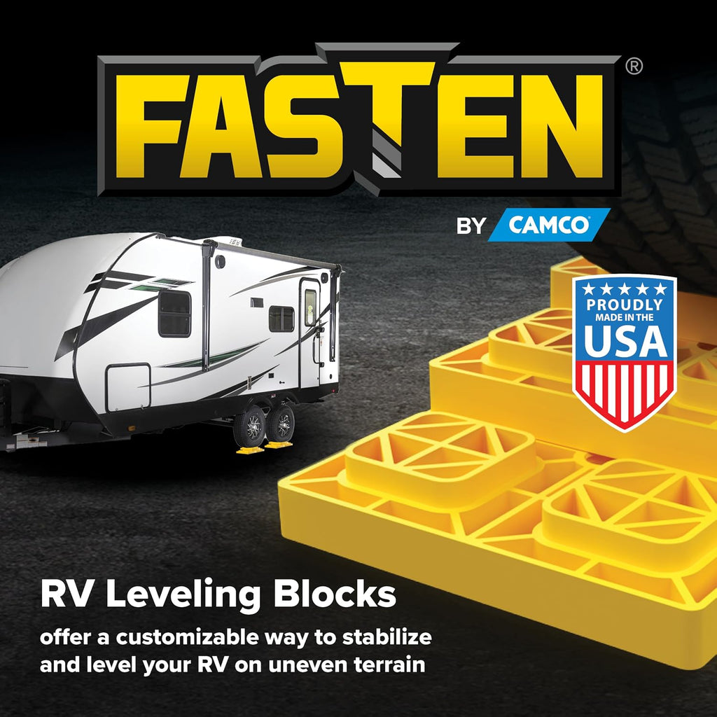 Camco FasTen RV Leveling Blocks - Features Interlocking Design for Customizable Height - Carrying Handle Twists to Secure Blocks for RV Storage - 8.5” x 8.5” x 1”, Yellow, 10-Pack (21022)