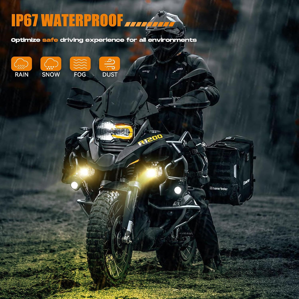 Future Eyes LED Motorcycle Fog Lights, 360° Adjustable Auxiliary Lights, Waterproof Off-Road Driving Light for Night Riding, Amber/White High & Low Beam, Compatible with Motorcycles, ATVs, and UTVs