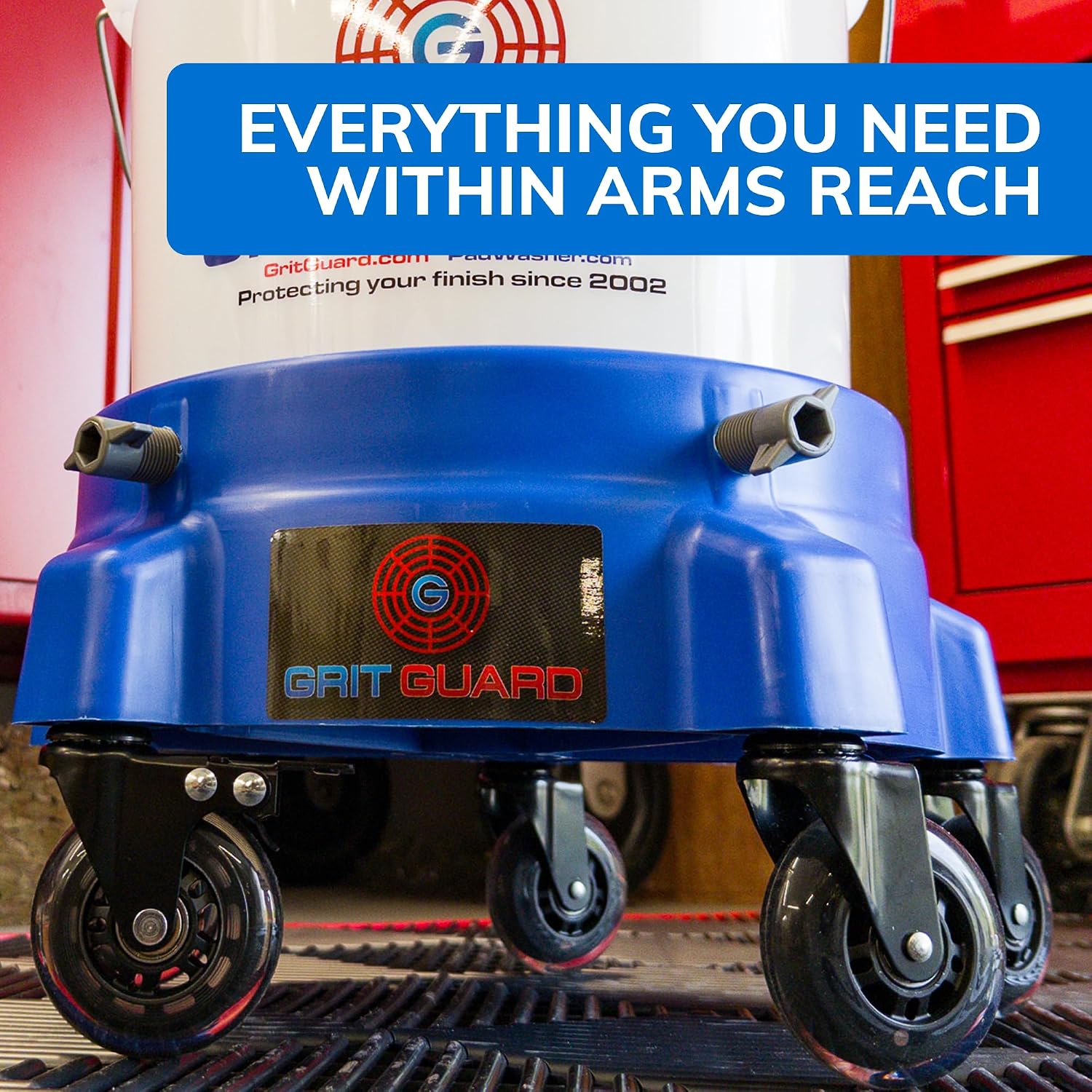 Grit Guard Bucket Dolly with Wheels - Rolling Detailing Wash Bucket with 5 Wheels and 2 Locking Casters Compatible with 2.5, 4, 5 and 6 Gallon Buckets (Red, 3" Roller Bearing) - Made in the USA