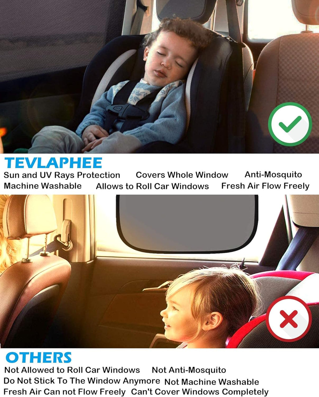 Tevlaphee Car Window Shades, 2 Pack Car Sunshade for Kids Breathable Universal Sun Visor Car Net for Baby with Certified UV for Side Window, Spandex Mesh Material Protect Privacy for Family (L)