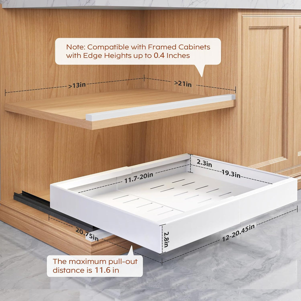 seinloes 2 pack pull out cabinet organizers 21"deep shown in use