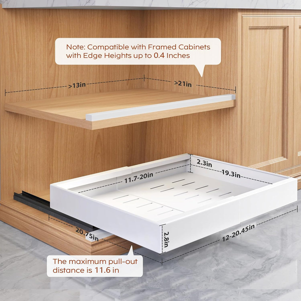 seinloes 2 pack pull out cabinet organizers 21"deep shown in use