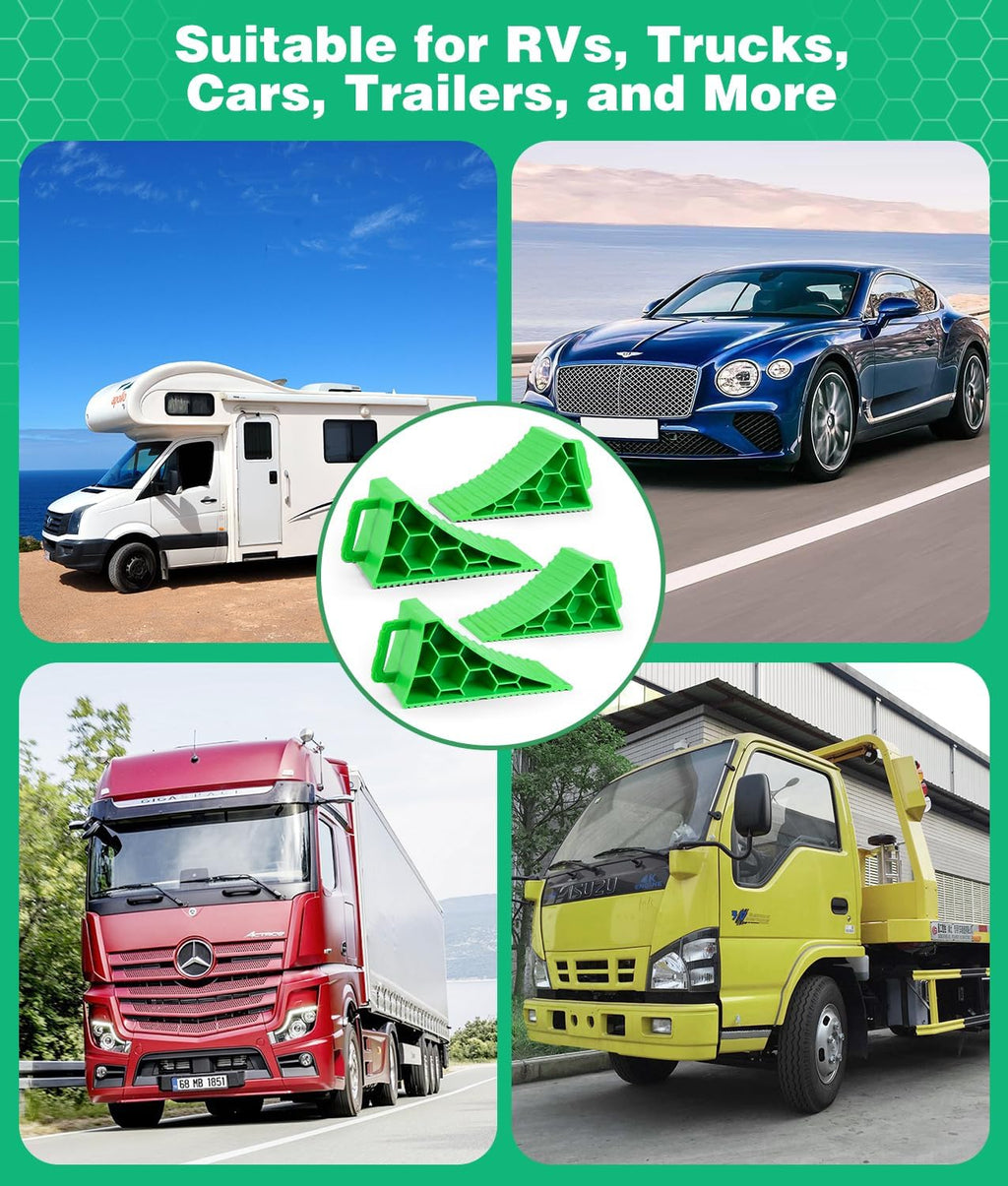PAHTTO Wheel Chocks 4 Pack, RV Chocks with Handles for RV Trailer Camper Car Truck, Wheel Block Stopper for Tire, Strong RV Wheel Chocks Hexagonal Honeycomb Structure, RV Trailer Accessories, Green