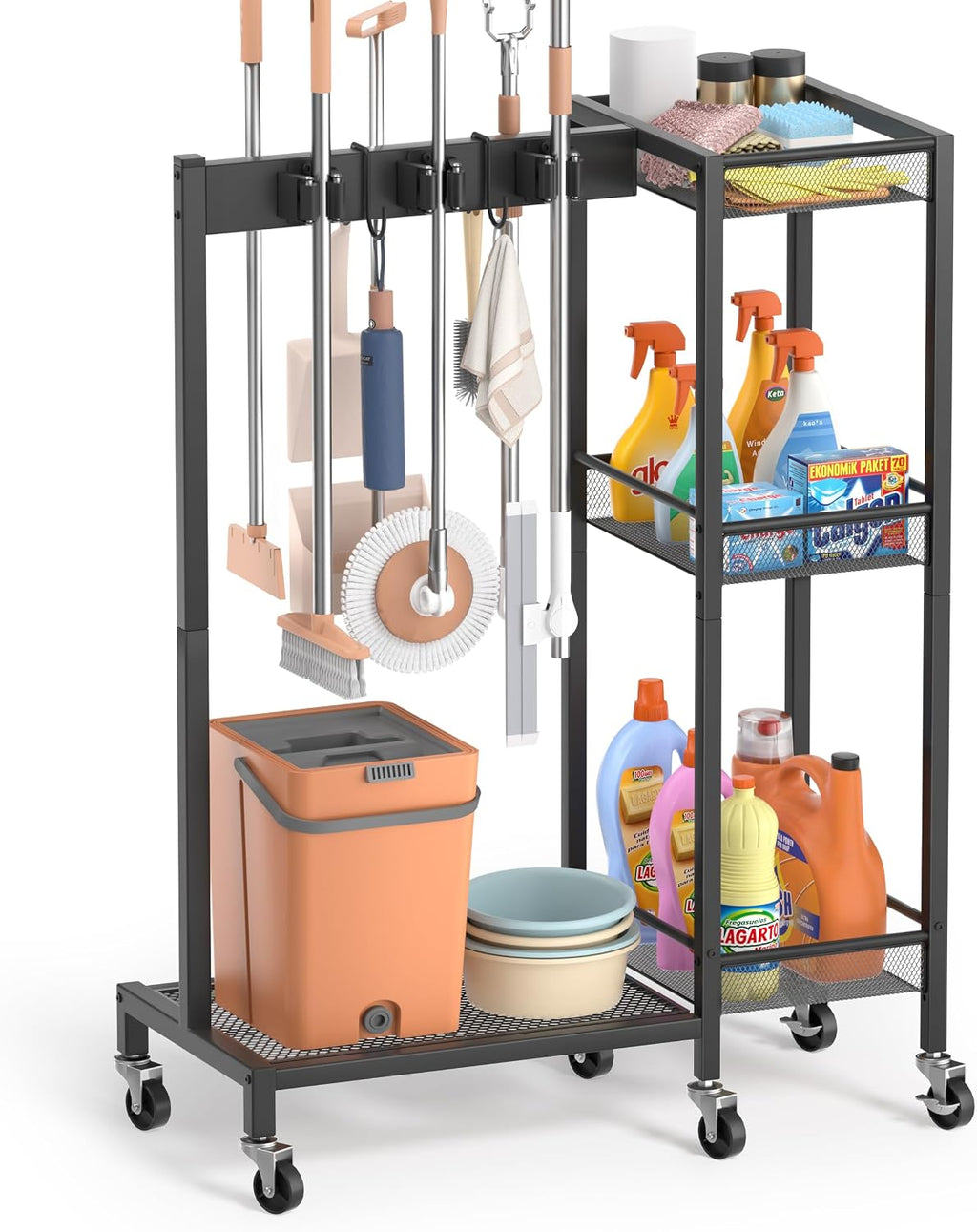 Broom Holder with Cleaning Supplies Organizer, Broom Closet Storage Cabinet