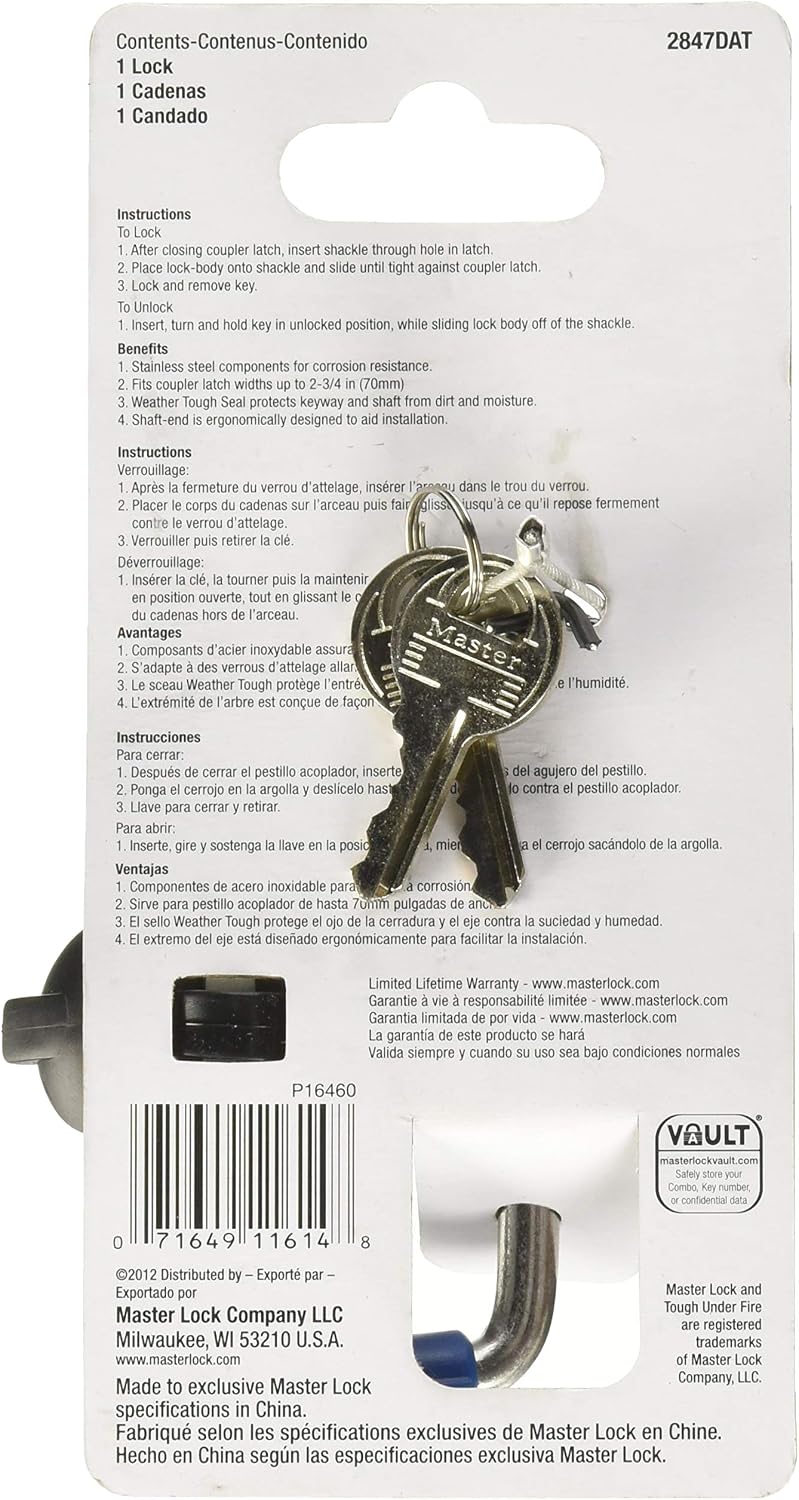 Master Lock Trailer Lock, Stainless Steel Adjustable Coupler Latch Lock, 2847DAT