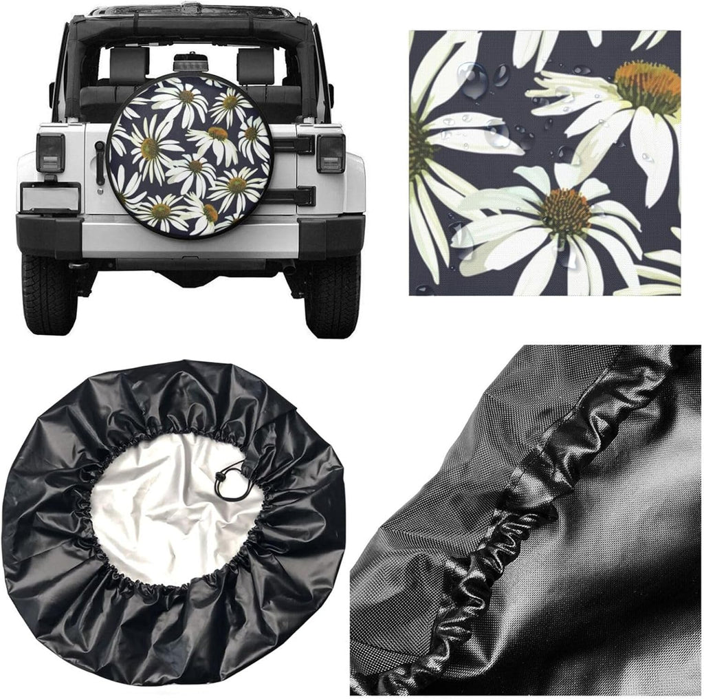 Universal Spare Tire Protector for Travel Trailer, Abstract Flower Floral Daisy, Weatherproof Oxford Fabric with Adjustable Strap for Secure Fit