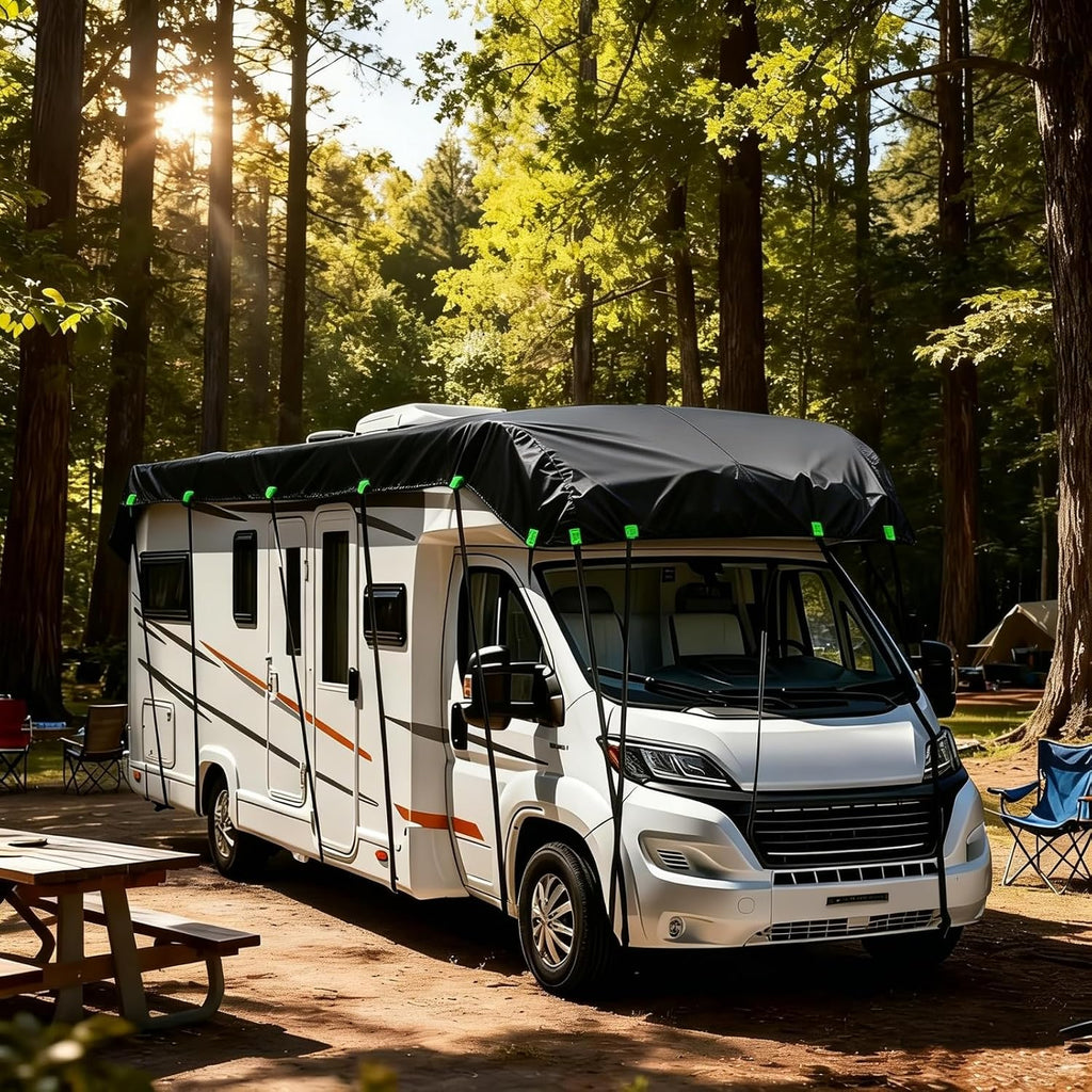 600D Heavy-Duty Wide Width RV Roof Cover — Featuring Reflective Strips,Camper roof Cover, Waterproof UV Resistant, Travel Trailers, Class C/B/A Motorhomes, Popup & Truck Campers,RVs, Black 8.5m*3.3m