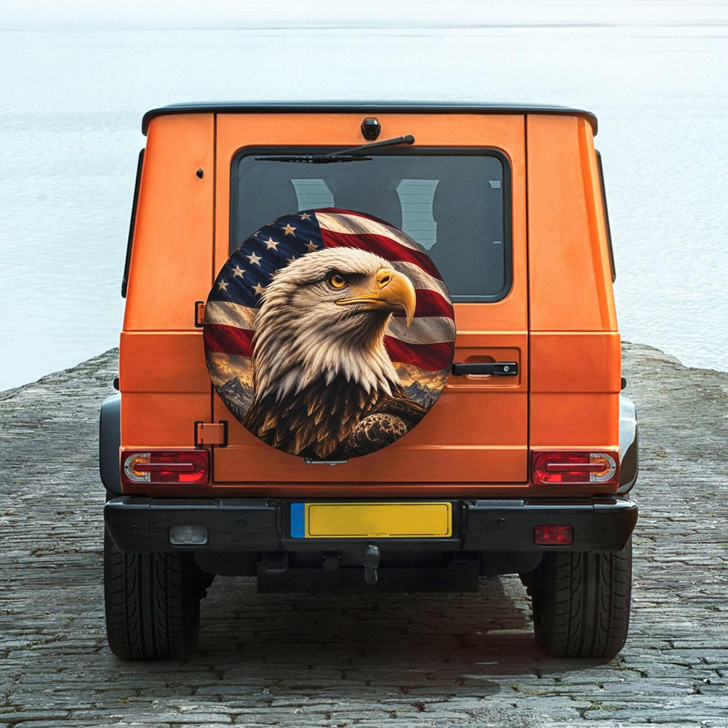 Bald Eagle Spare Tire Cover for SUVs RVs Trailers Campers Trucks, Universal Spare Wheel Cover, American Flag Patriotic Tire Cover for Outdoor Spare Tire Protection (14 inch for Diameter 23"-27")