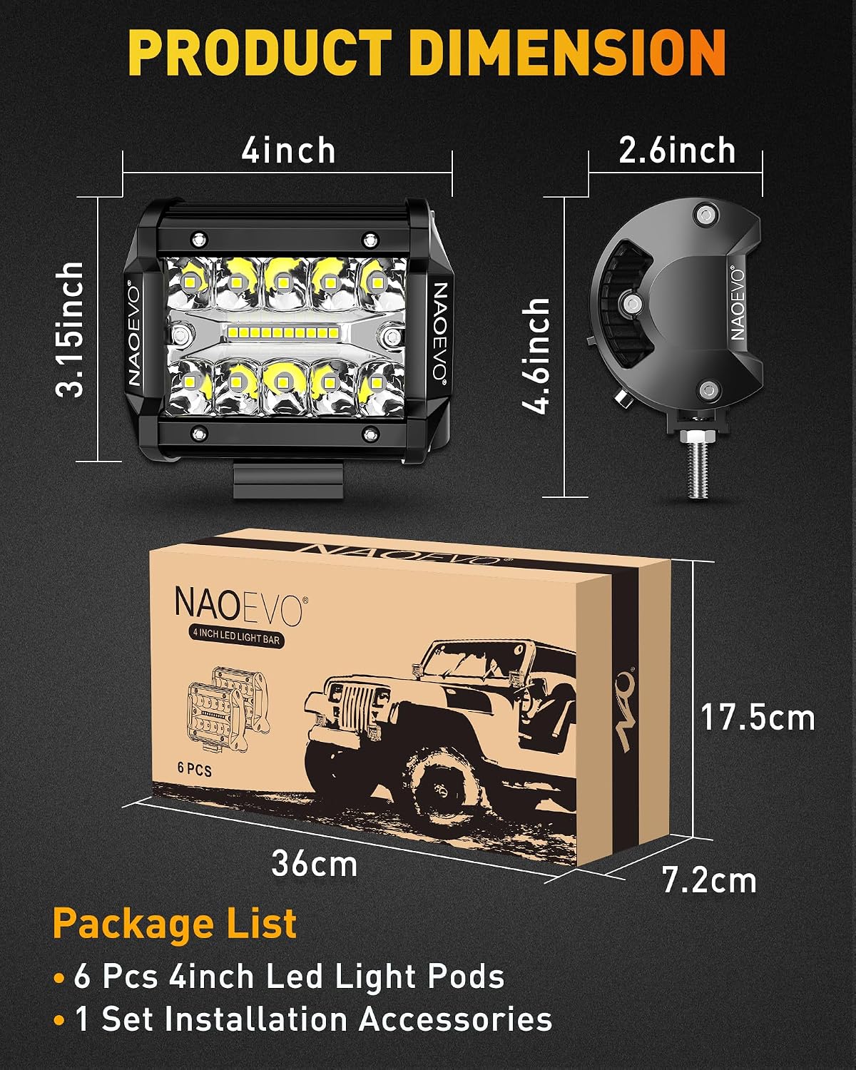naoevo 4 inch led pod lights, 360w 36,000lm, front angle view