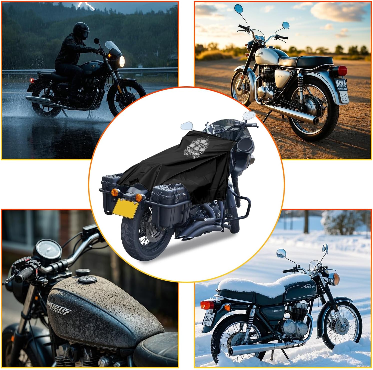 GARGOYLE BELLS Motorcycle Cover Seat Shade Cover Bike Covers Lightweight Half Covers Outdoor Sun Protection All Season Fits Various Motorcycle Models - Black with Skull, L