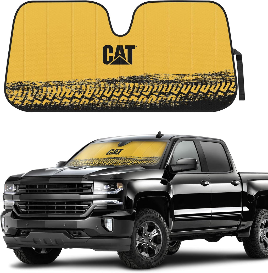 CAT Auto Shade for Trucks – Jumbo 65"x27" Accordion Folding Sunshade with Bold Yellow Tire Tracks Design – Heavy-Duty Windshield Cover for Maximum UV Protection & Interior Cooling
