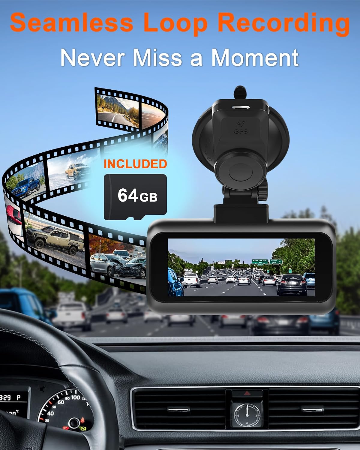 15-min easy to install dash cam: dual camera on a desk or shelf