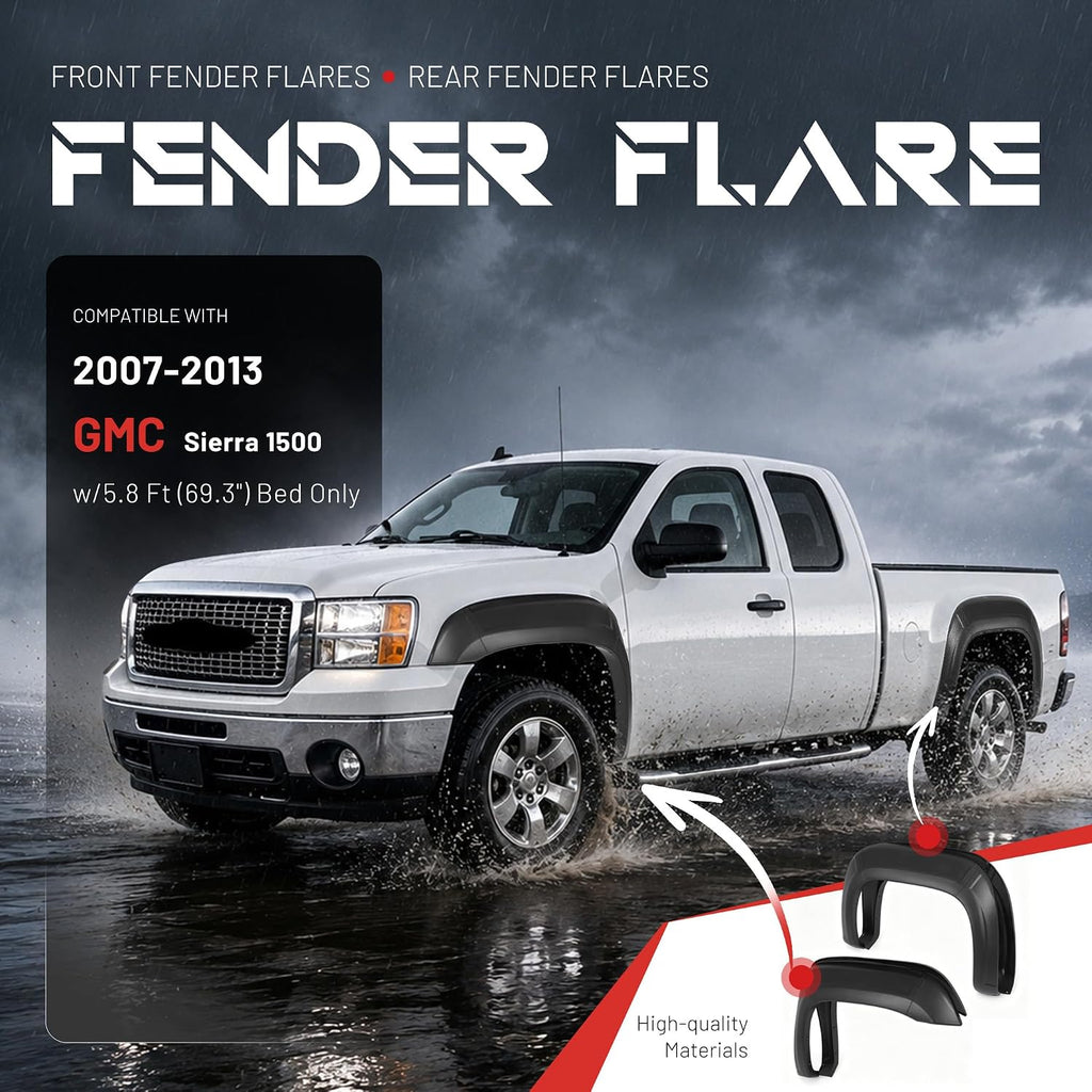 ALMULOO 10Pcs Fender Flares Compatible with 2007-2013 GMC Sierra 1500 w/5.8 Ft Bed (Short Bed) Only Wheel Arch Covers Plastic(PP) Textured Black 2X2Pcs Front and 2X3Pcs Rear Fender Flares