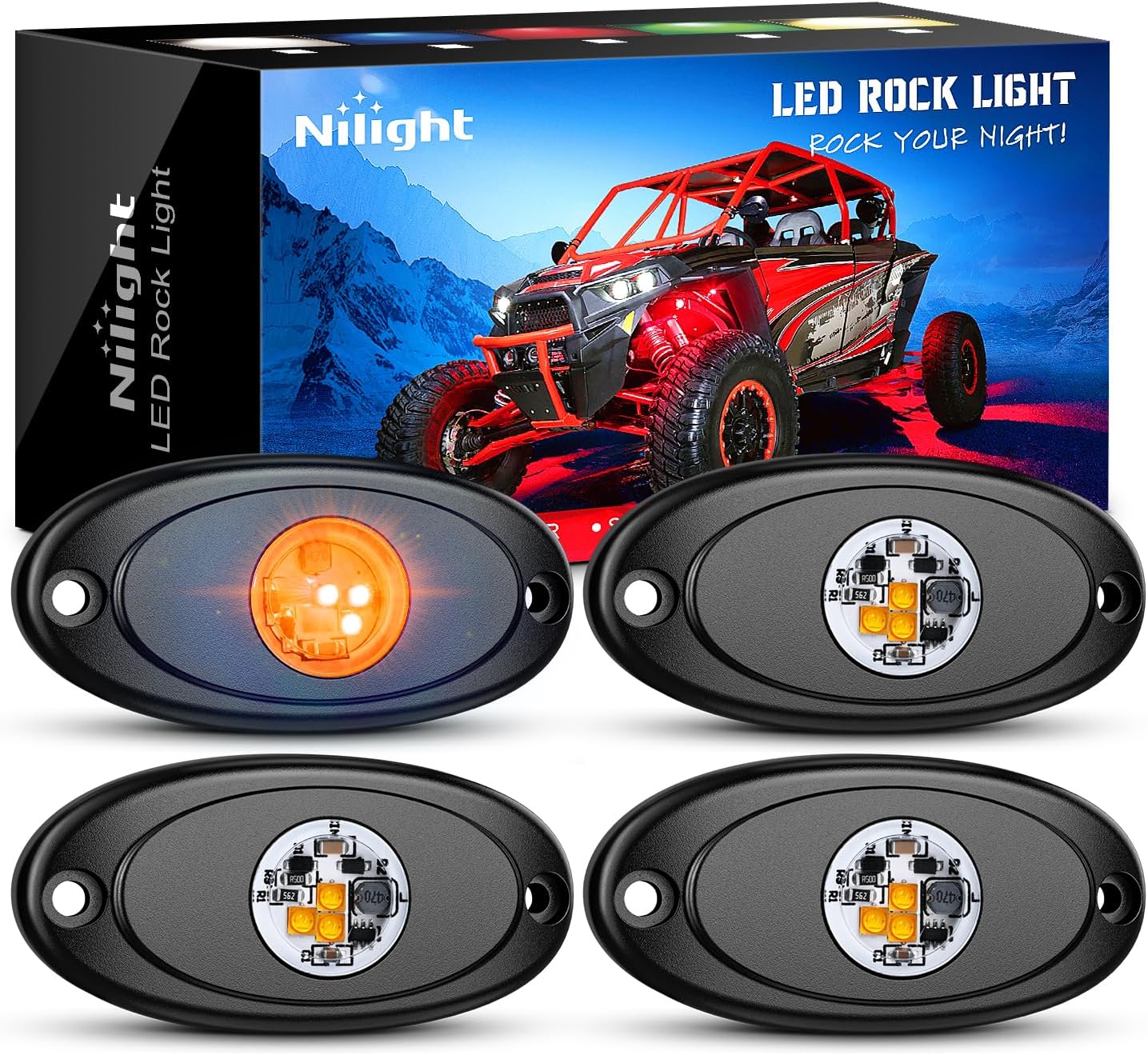 Nilight LED Rock Light 4PCS Amber Underglow Wheel Well Fender Pods Waterproof Exterior Underbody Roof Rack Side Lamps for 12V 24V Car Truck Pickups ATV UTV SUV Motorcycle Boat