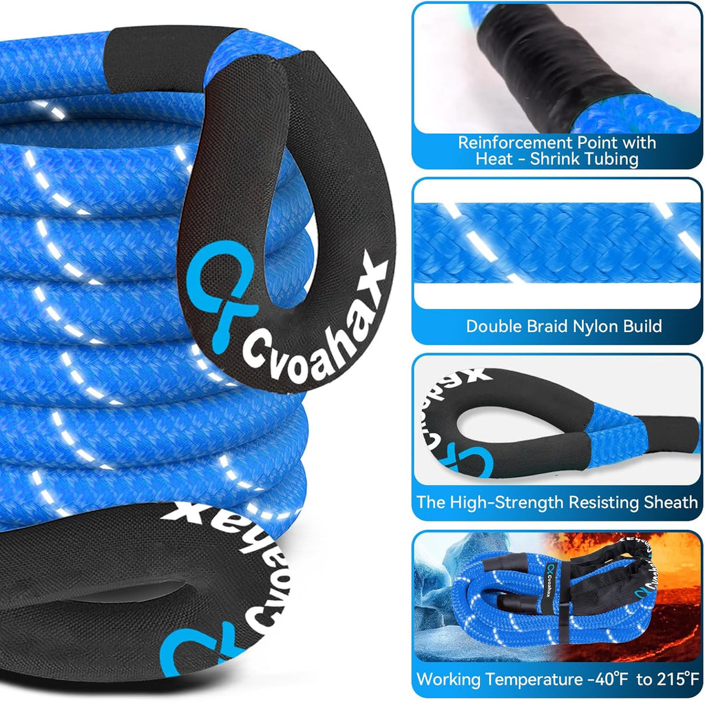 Kinetic Recovery Rope(Reflective) 1" x30ft Tow Rope with Soft Shackle | 48500LBS Heavy Duty Stretch Nylon & Extreme Duty 35% Elasticity Energy Snatch Strap for Trucks SUV UTV ATV Car, Blue
