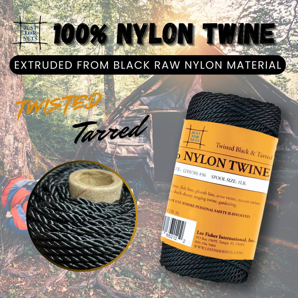 Just For Nets Twisted Tarred Nylon Bank Twine, Black, 1lb Spool - Heavy Duty String for Net Repair, Camping, Trot Line Fishing, Bushcraft Cordage (#36-1lb Spool)