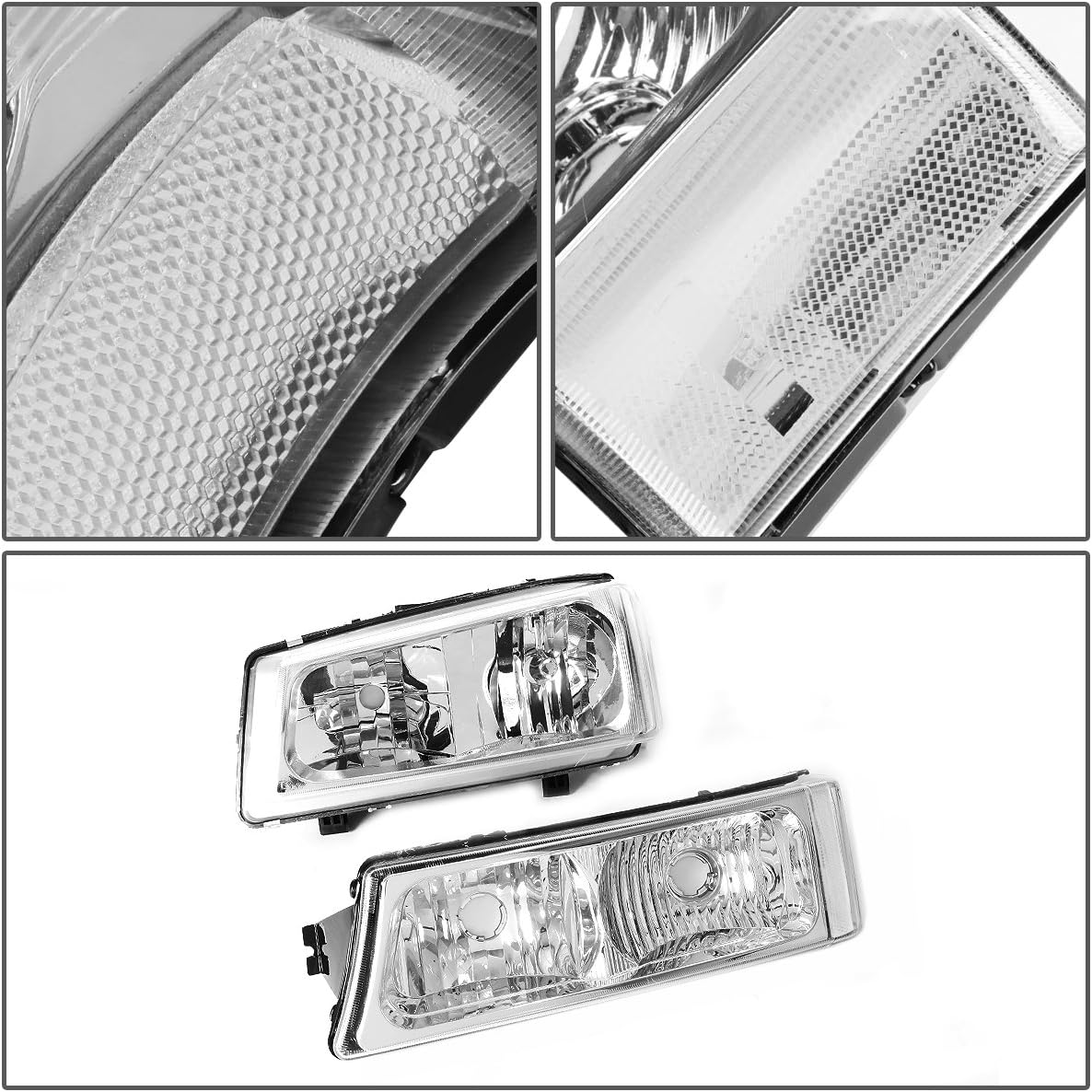 DNA MOTORING Pair Headlight Assembly Compatible with 2003-2006 Chevy Silverado 1500 2500 3500 1500 HD 2500 HD Avalanche 1500 2500, w/o Factory Cladding, Chrome/Clear, HL-OH-CS03-4P-CH-CL1
