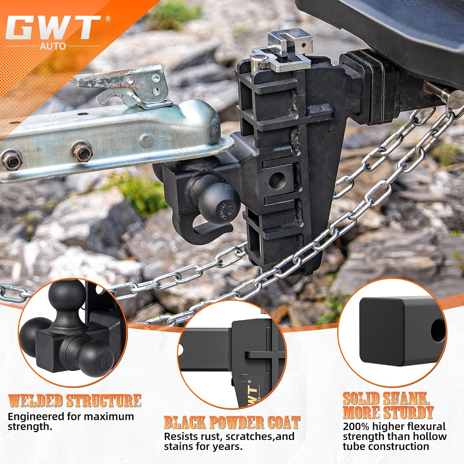 GWTAUTO Adjustable Trailer Hitch with Hook, Tri-Ball (1-7/8" x 2" x 2-5/16") Drop Hitch, Fits 2-Inch Receiver, 6 Inch Drop Hitch, 17000 LBS GTW Tow Hitch for Heavy Duty Truck, Solid Ball Mount