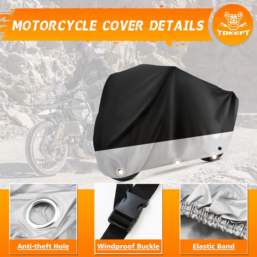 Motorcycle Cover Waterproof Outdoor Protection with Lock-Holes & Storage Bag Fits up to 96" Motorcycles Vehicle Cover for Harley Davidson Honda Suzuki Kawasaki Yamaha (XL Black&Silvery)