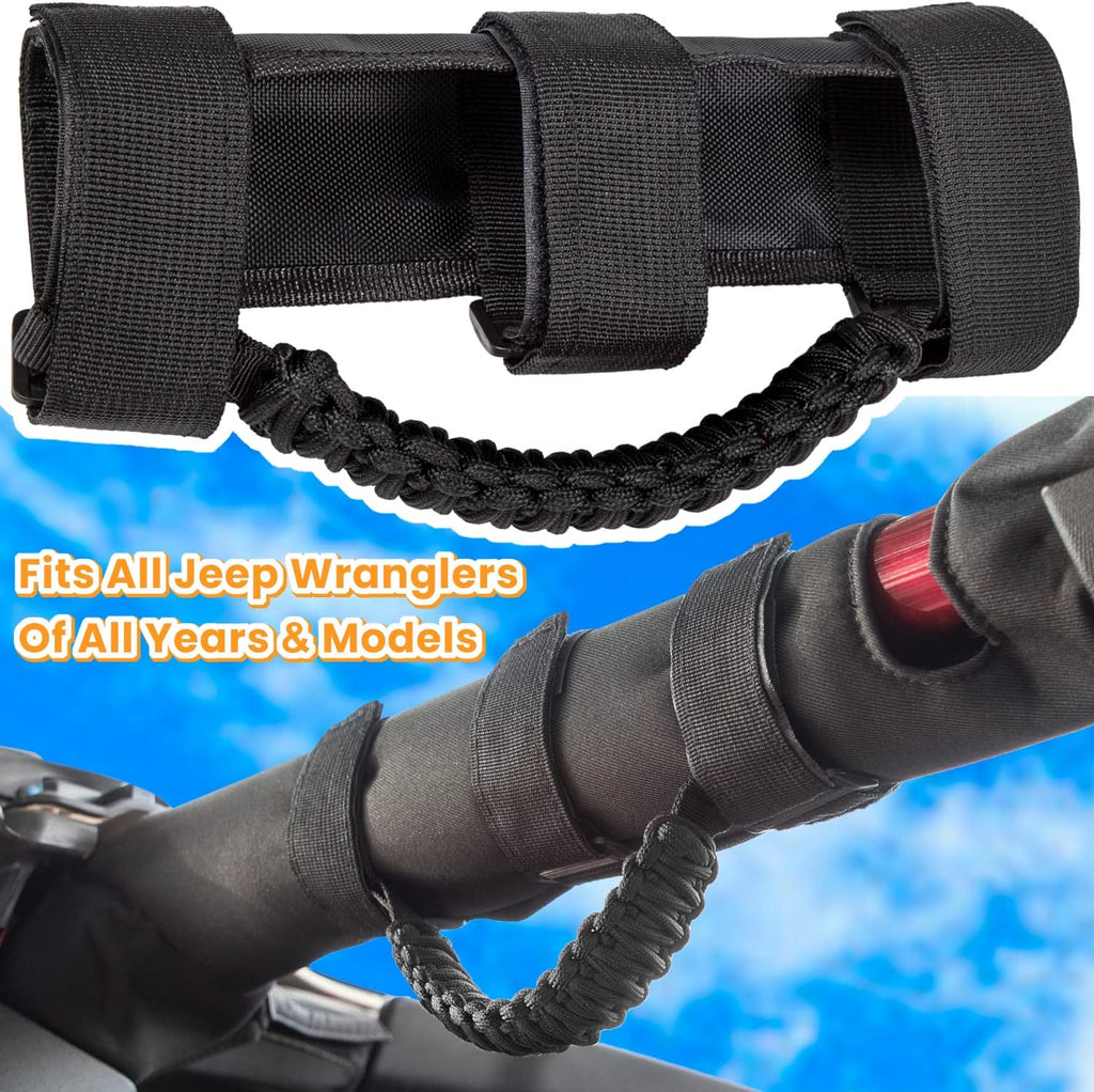 4 x Roll Bar Grab Handles Grip Handle for Jeep Wrangler JK JKU JL JLU TJ YJ Sports Sahara Freedom Rubicon Unlimited Gladiator JT 1955-2023 UTV ATV Premium 550 Paracord Interior Accessories (Black)