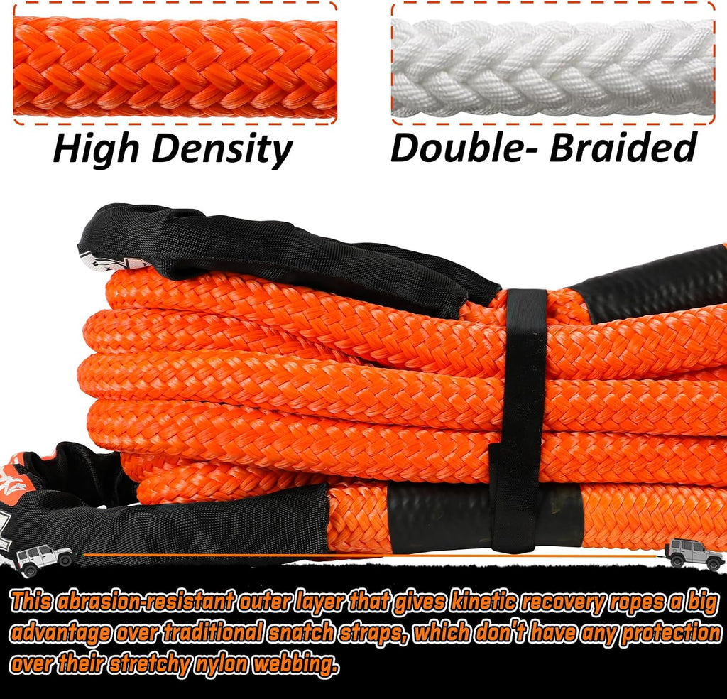 Kinetic Recovery Tow Rope 3/4 in x 30 FT, with Heavy-Duty Offroad Snatch Strap, Vehicle Orange Recovery kit for Jeep car Truck ATV UTV SUV