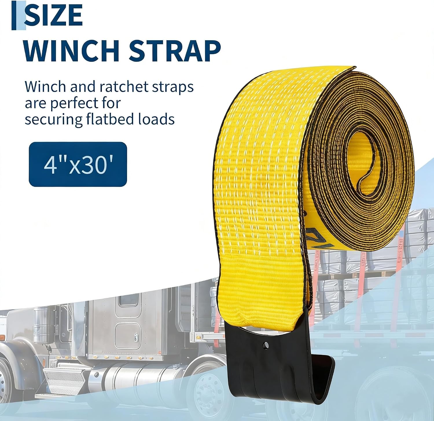 4 Pack Heavy Duty 4 in x 30 ft Winch Straps with Flat Hooks, 6,000 Lbs WLL / 18,000 Lbs Break Strength, Flatbed Straps Truck Tie Downs for Flatbed Trailers, Cargo Straps, Tree Saver, Yellow