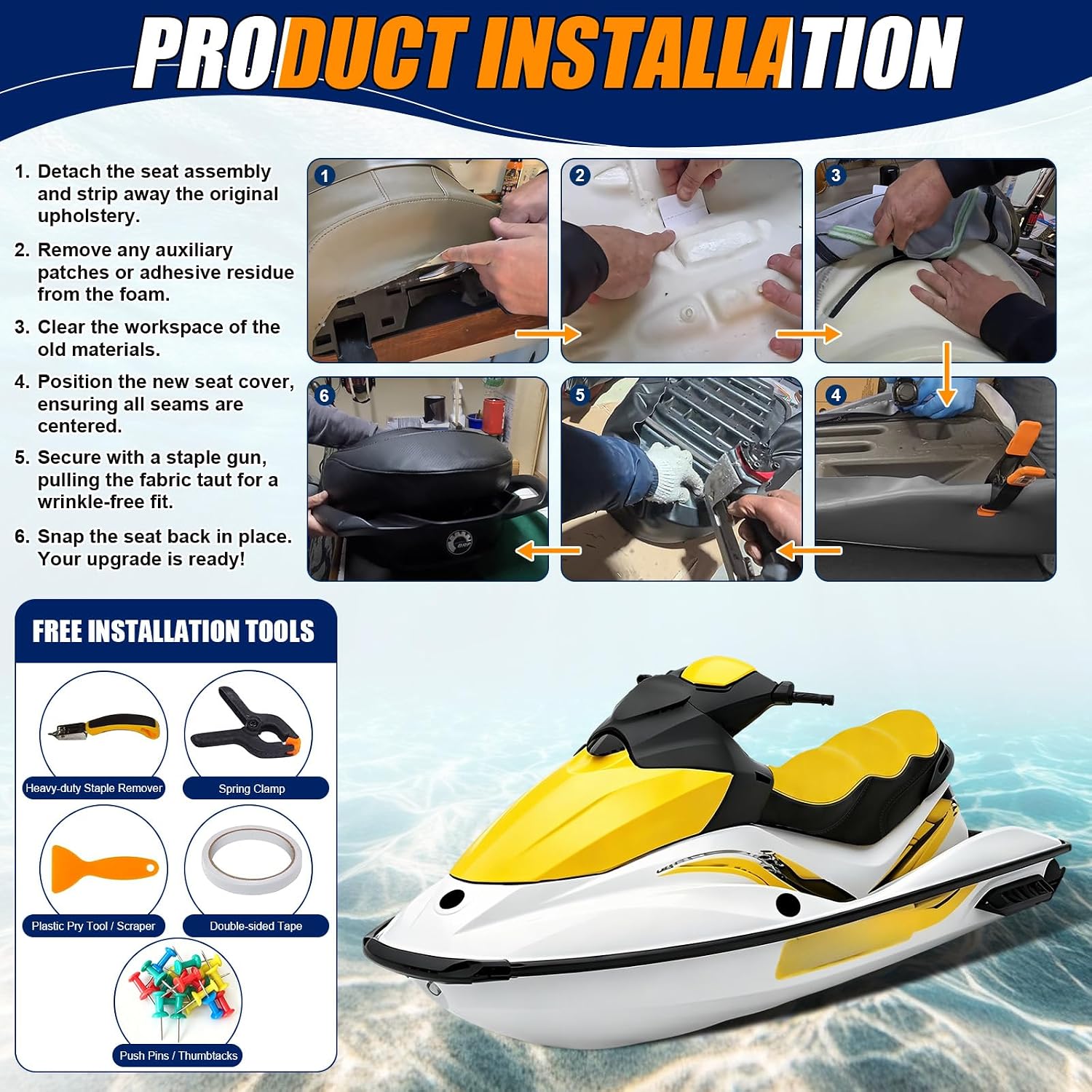 Seat Cover Replacement for 06-08 SeaDoo GTI STD/RENTAI/SE 130/155 | 3-Layer Custom Fit Faux Leather: Waterproof, Filter Inner, Tough Base. Staple Install (Basic Setup Accessories Kit Included)