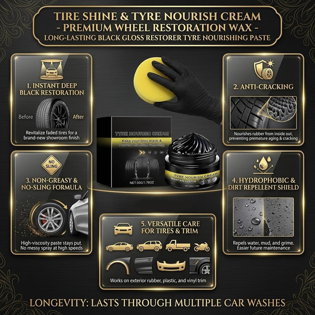 Tire Shine & Tyre Nourish Cream - Premium Wheel Restoration Wax - Long-Lasting Black Gloss Restorer Tyre Nourishing Paste for Cars, Trucks, Motorcycles - Professional Tire Dressing & Polish (1)