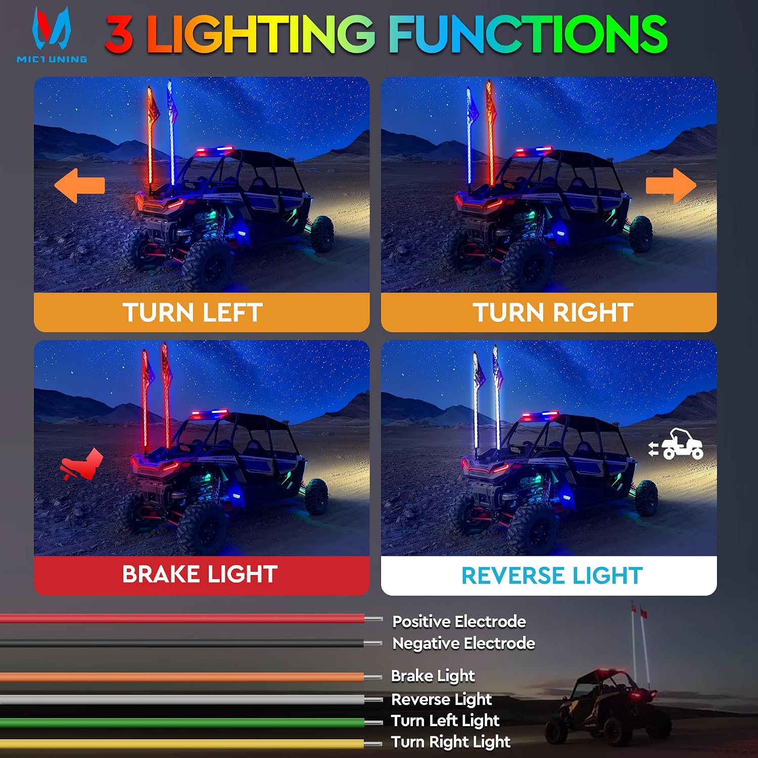 MICTUNING 2pc 4ft Spiral LED Whip Lights with 8 Flags, RF Remote & App Control, RGB Chasing Lighted Whips with Rocker Switch, Music Synced Whip Light for UTV ATV Polaris RZR Can-Am