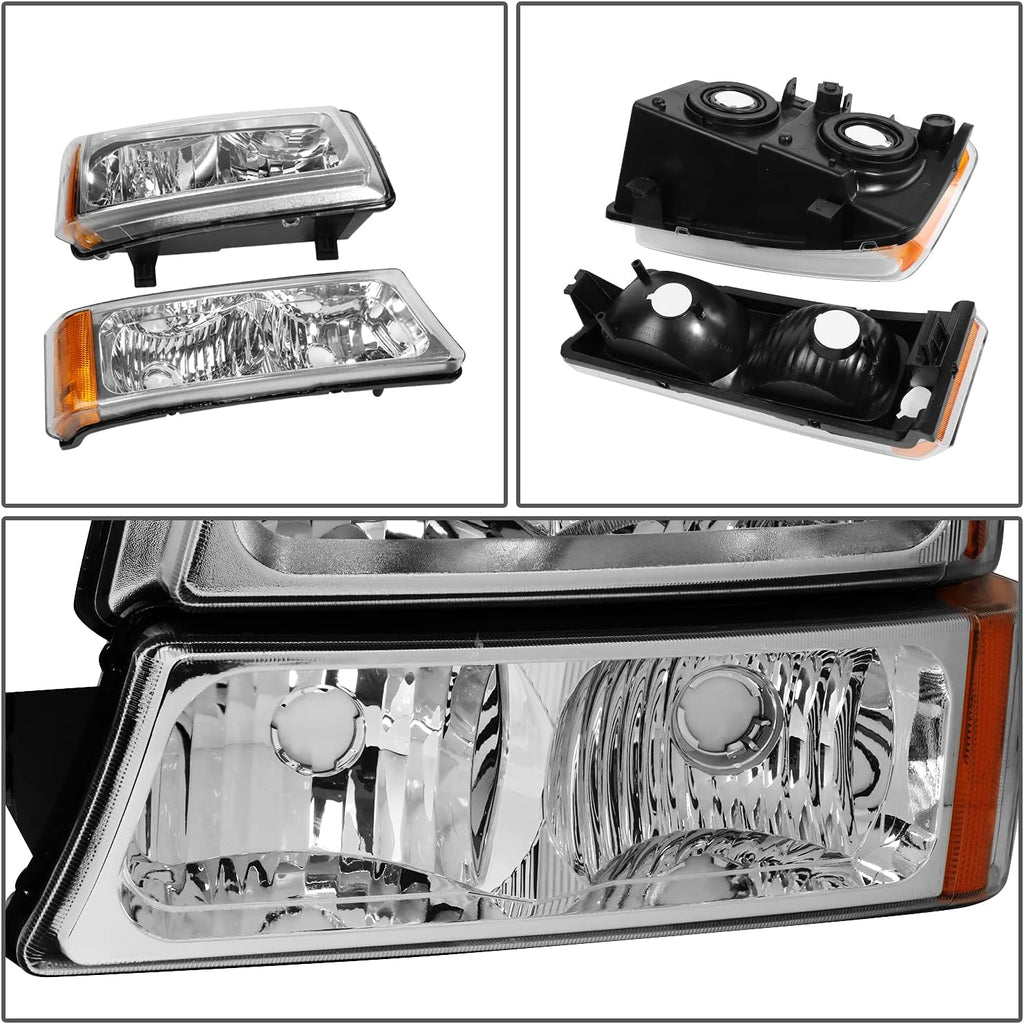 DNA MOTORING Pair Headlight Assembly Compatible with 2003-2006 Chevy Silverado 1500 2500 3500 1500 HD 2500 HD Avalanche 1500 2500, w/o Factory Cladding, Chrome/Amber, HL-OH-CS03-4P-CH-AM
